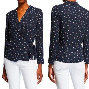 💠 Finn & Grace Wrap Blouse Womens Medium Blue Floral Long Sleeve Vneck Top